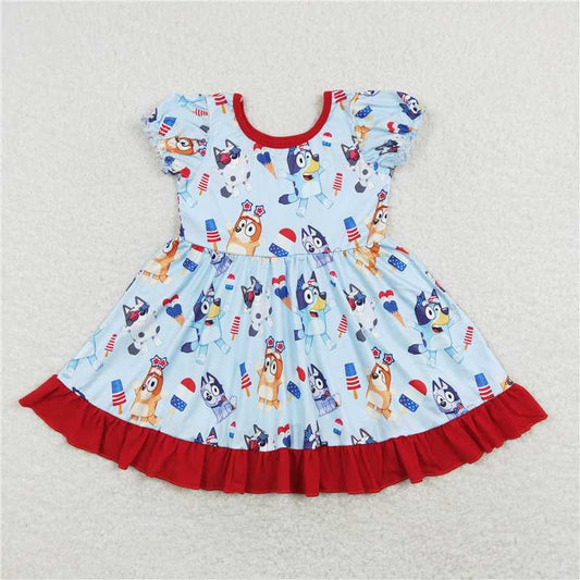 GSD0744  bluey popsicle red lace blue short-sleeved dress