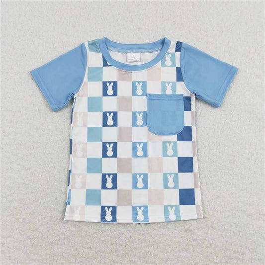 BT0590  Baby Boys Blue Checkered Rabbits Pocket Short Sleeve Tee Shirts Tops