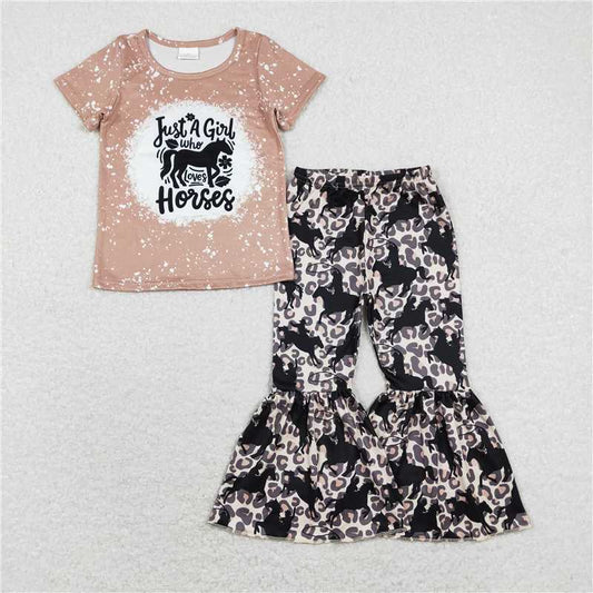 GSPO1277 horses letter light brown short-sleeved leopard print riding trousers suit