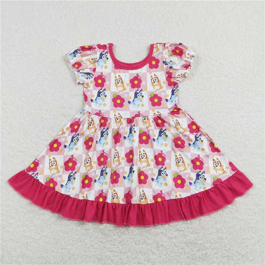 GSD0740  Short sleeves dog flower ruffle baby girls dresses