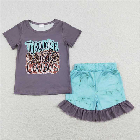 Baby Girls Turquoise Leopard Cowboys Top Ruffle Shorts Clothes Sets