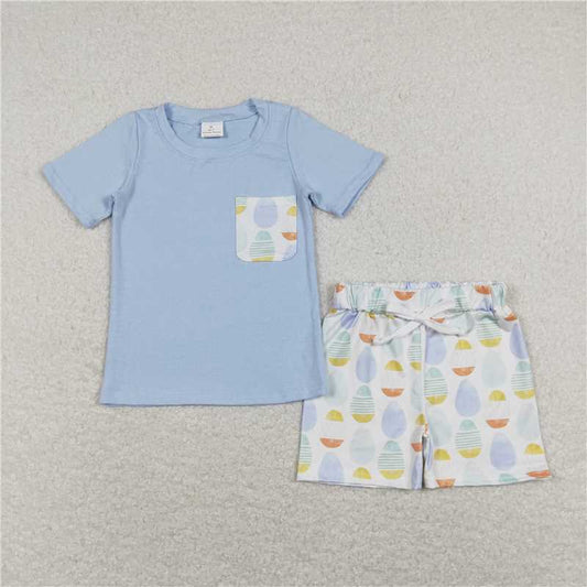 BSSO0525 Boy's Easter Egg Pocket Blue Short Sleeve Shorts Suit