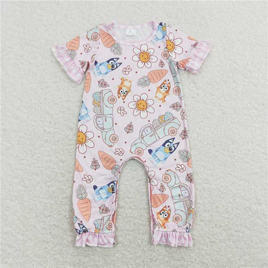 SR0881  Baby Children Infant Girls Flowers Easter Dog Carrots Short Sleeve Rompers