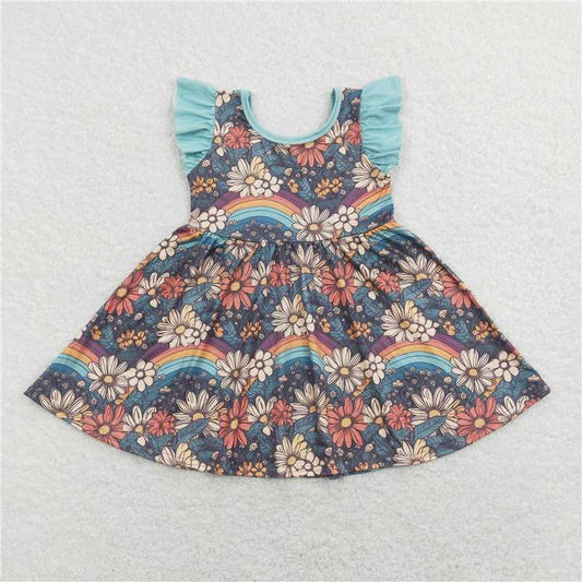 GSD0734  Rainbow flower flutter sleeves girls dresses