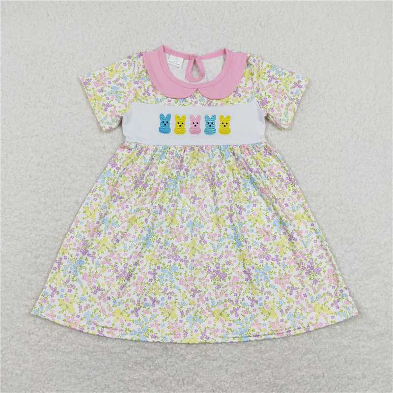 GSD0649 Embroidery Short sleeves peeps bunny floral girls easter dresses