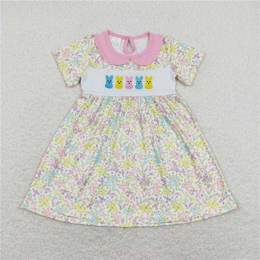 GSD0649 Embroidery Short sleeves peeps bunny floral girls easter dresses