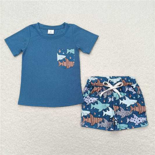 BSSO0830 Baby Boys Blue Pocket Tee Shirts Tops Fish Shorts Clothes Sets