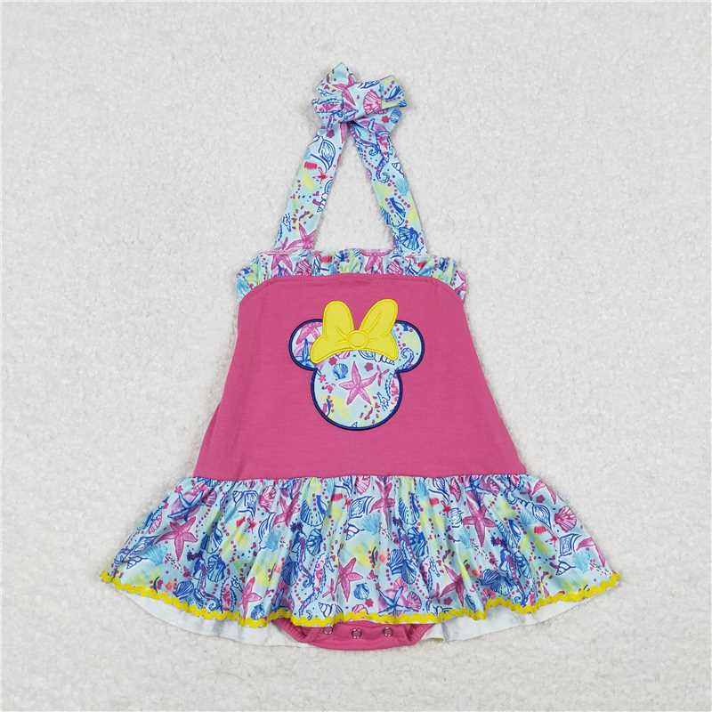 SR1346  Baby Girls Pink Cartoon Halter Summer Rompers