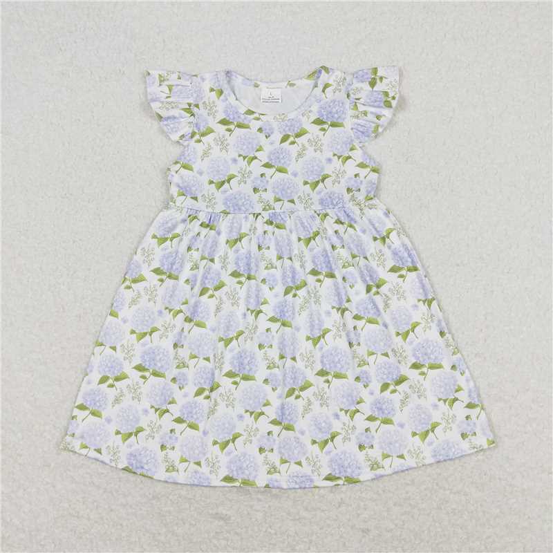 10.17 RTS NO MOQ （In stock） Matching GSD1100 Baby Girls Blue Flowers Flutter Sleeve Knee Length Dresses