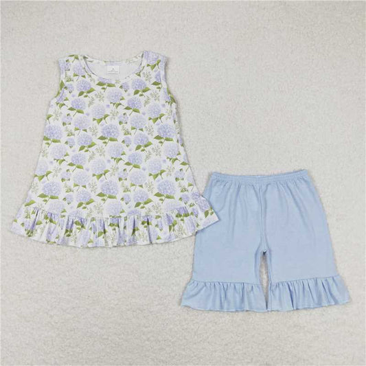GSSO1050 Hydrangea beige lace sleeveless blue shorts set