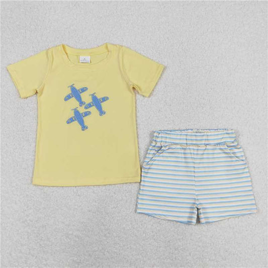 BSSO0696 RTS NO MOQ Baby Boys Summer Boys Outfits  Baby Boys Planes Short Sleeve Tee Shirts Stripes Shorts Clothes Sets