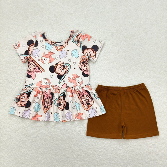 GSSO0703 Mickey and Minnie shell pearl short-sleeved brown shorts set