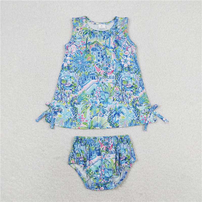 GBO0340  Baby Girls Blue Flowers Tunic Top Bummies Clothes Sets