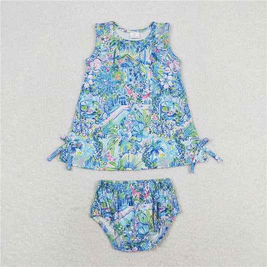 GBO0340  Baby Girls Blue Flowers Tunic Top Bummies Clothes Sets