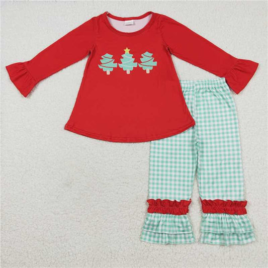 12.10 RTS NO MOQ （In stock）GLP1331 Baby Girls Christmas Tree Tunic Ruffle Pants Clothes Sets