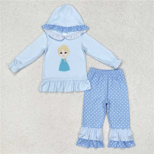 GLP1289 Baby Girls Princess Blue Hooded Top Ruffles Pants Clothes Sets
