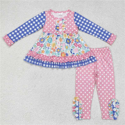 GLP1196Floral ruffle tunic polka dots leggings girls clothes