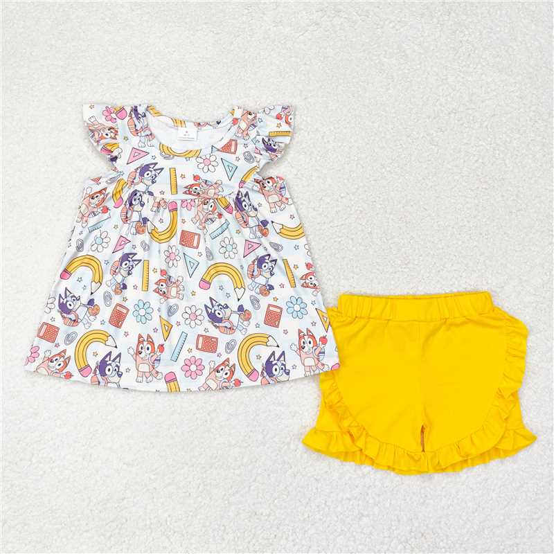 12.29 RTS NO MOQ （In stock）GSSO1246 Baby Girls Dogs Back To School Flutter Sleeve Tunic Top Shorts Clothes Sets
