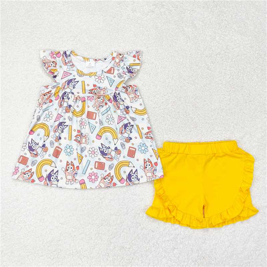 12.29 RTS NO MOQ （In stock）GSSO1246 Baby Girls Dogs Back To School Flutter Sleeve Tunic Top Shorts Clothes Sets
