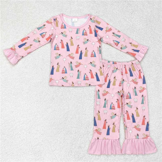 GLP1278Long sleeves pink nativity baby girls Christmas pajamas