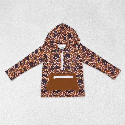 BT0746 Brown camouflage zipper pocket hooded long-sleeved top