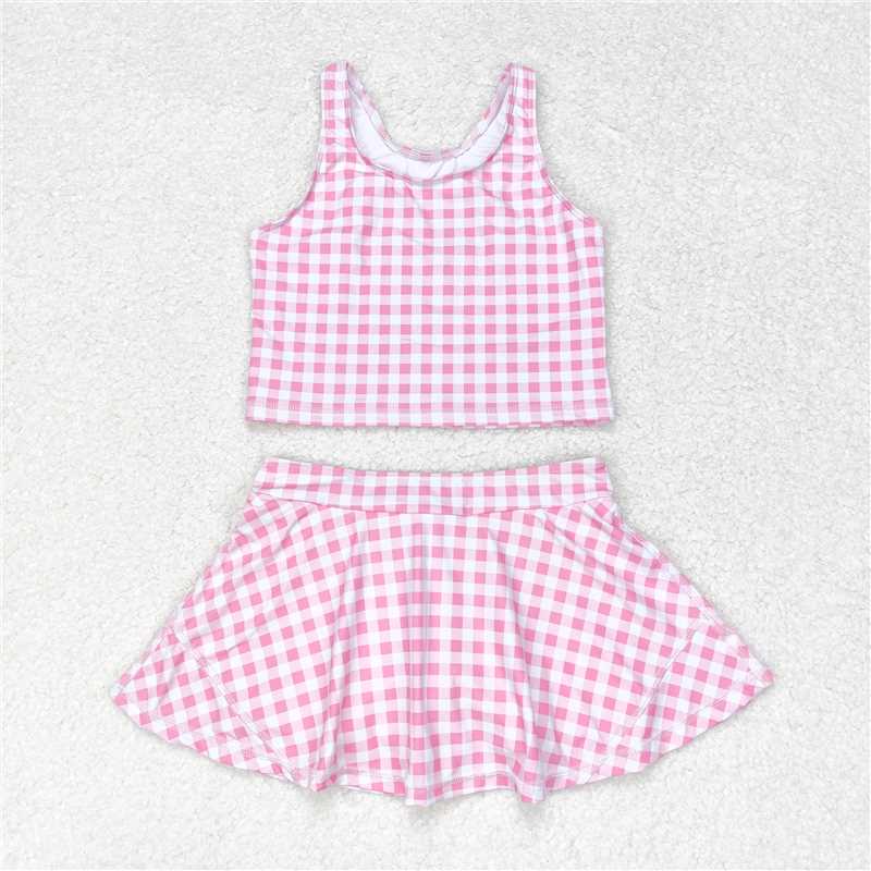 GSD0992 RTS NO MOQ Baby Girls Yoga Outfits  Baby Girls Summer Pink Checkered Top Skirts Clothes Sets Preorder