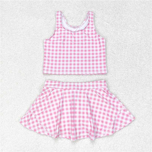 GSD0992 RTS NO MOQ Baby Girls Yoga Outfits  Baby Girls Summer Pink Checkered Top Skirts Clothes Sets Preorder