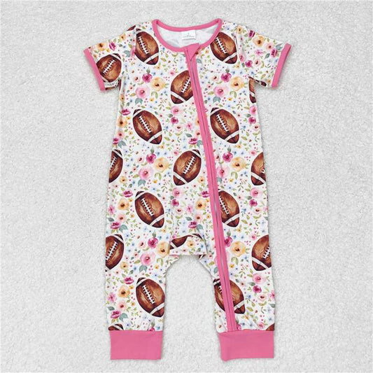 SR1872  Baby Infant Girls Football Flowers Zip Short Sleeve Rompers