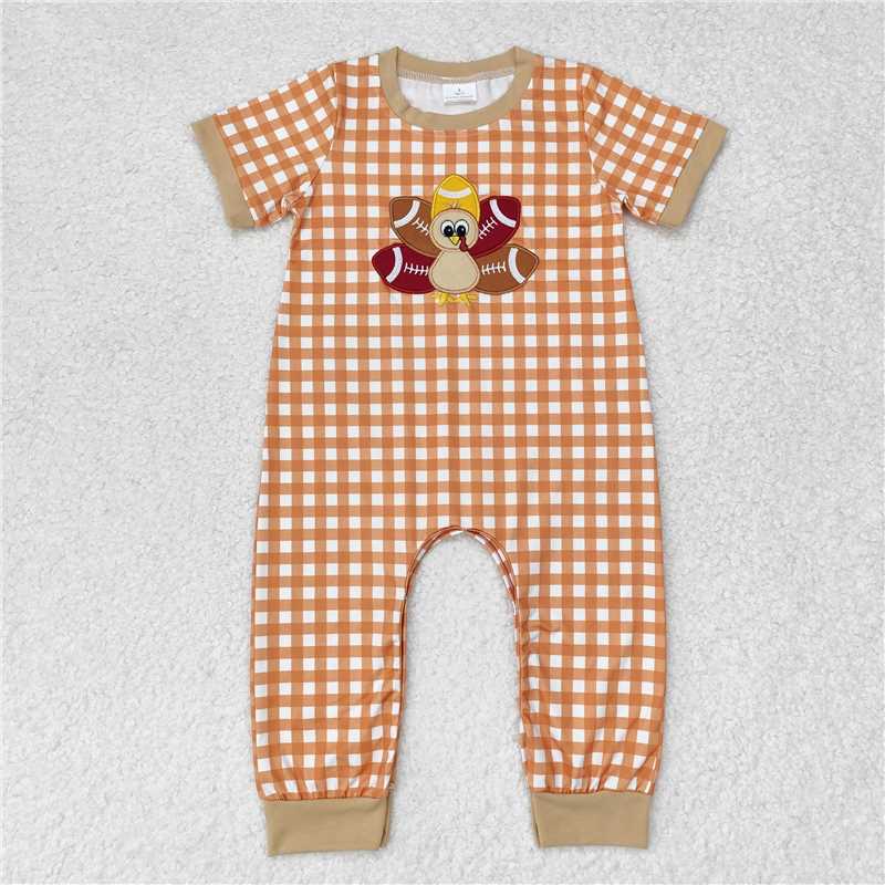 SR1887 Baby Infant Boys Turkey Thanksgiving Checkered Short Sleeve Rompers