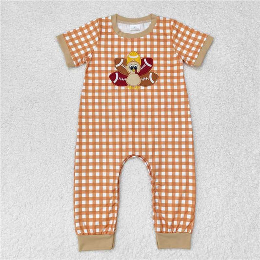 SR1887 Baby Infant Boys Turkey Thanksgiving Checkered Short Sleeve Rompers