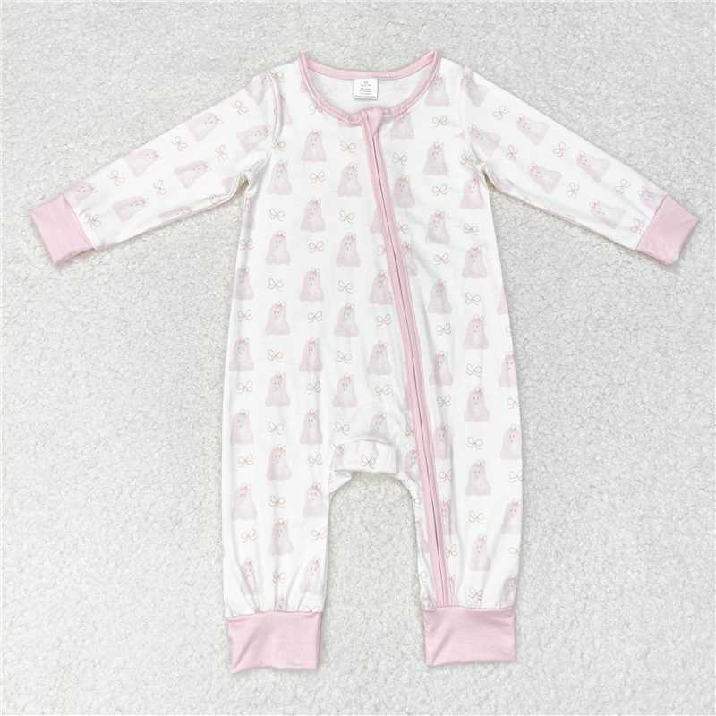 LR1124Pink long sleeves dog baby girls bamboo zipper romper