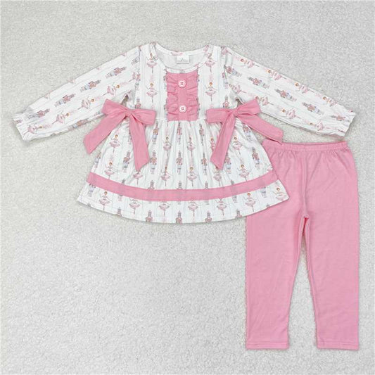 GLP1283RTS NO MOQ Baby Girls Winter Outfits Christmas Nutcracker Pink Bow Long Sleeve Pants Set