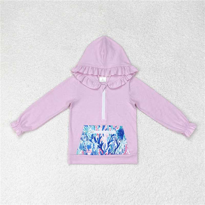 GT0625  Baby Girls Lavender Ruffle Hooded Sea Weed Pocket Long Sleeve Tops