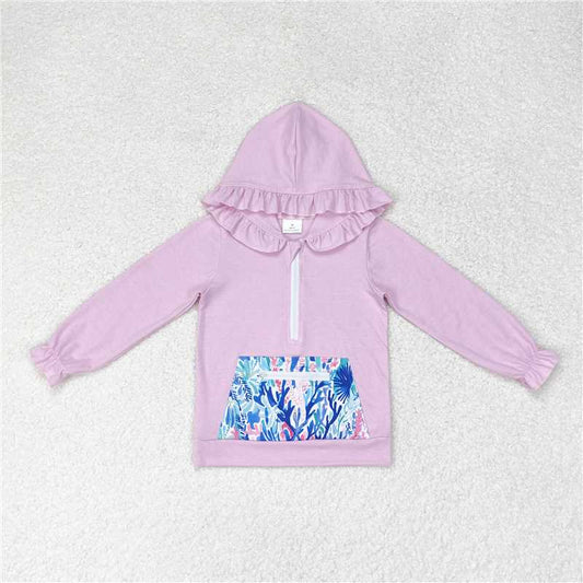 GT0625  Baby Girls Lavender Ruffle Hooded Sea Weed Pocket Long Sleeve Tops