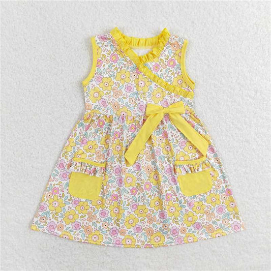 GSD1216  Baby Girls Yellow Small Flowers Bow Pockets Knee Length Dresses