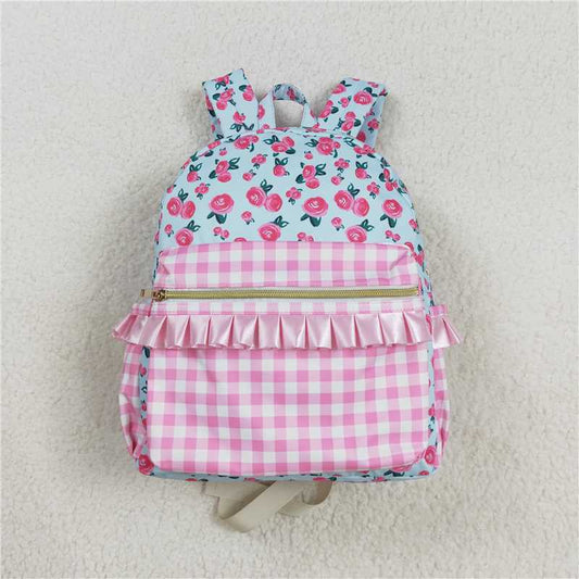 USA Shop (in stock)  BA0217  Baby Kids Girls Pink Flowers Checkered Backpack Zip Back Bags