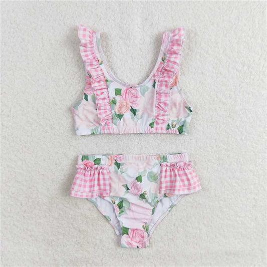 S0318  Baby Girls Summer Pink Flowers Top Ruffle Bottom Swimsuits