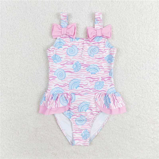 S0274  Baby Girls Pink Sea Shell Ruffle One Piece Bows Swimsuits