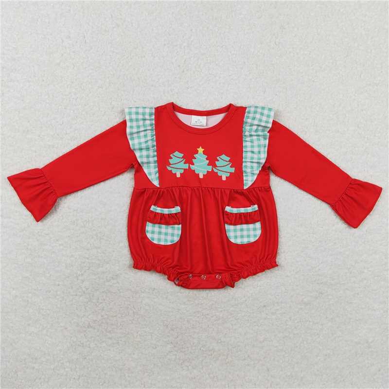 12.2 RTS NO MOQ （In stock）LR1161 Baby Infant Girls Christmas Tree Pockets Long Sleeve Rompers
