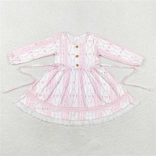 GLD0546 Baby Girls Pink Bows Long Sleeve Knee Length Dresses
