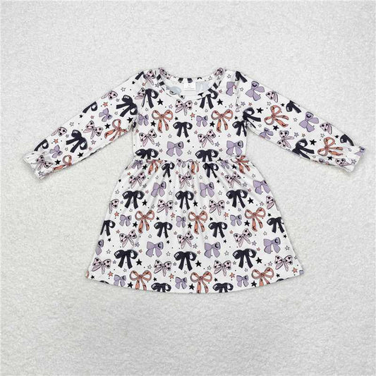 10.21 RTS NO MOQ （In stock）Matching Halloween GLD0738 Baby Girls Halloween Orange Bows Long Sleeve Knee Length Dresses