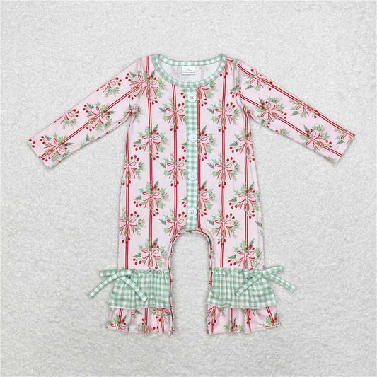 11.5 RTS NO MOQ （In stock）Matching Christmas LR1544 Baby Infant Girls Christmas Holly Bows Long Sleeve Rompers