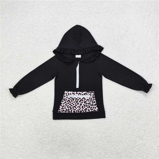 GT0624  Baby Girls Black Ruffle Hooded Leopard Pocket Long Sleeve Tops
