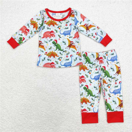 BLP0664Long sleeves dinosaur Christmas hat boys bamboo pajamas
