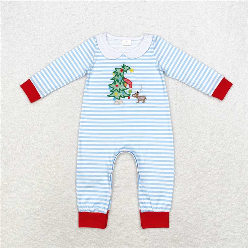 RTS LR1564 Embroidered Christmas tree pattern blue and white striped collar long-sleeved jumpsuit