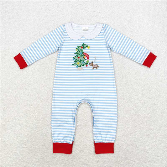RTS LR1564 Embroidered Christmas tree pattern blue and white striped collar long-sleeved jumpsuit