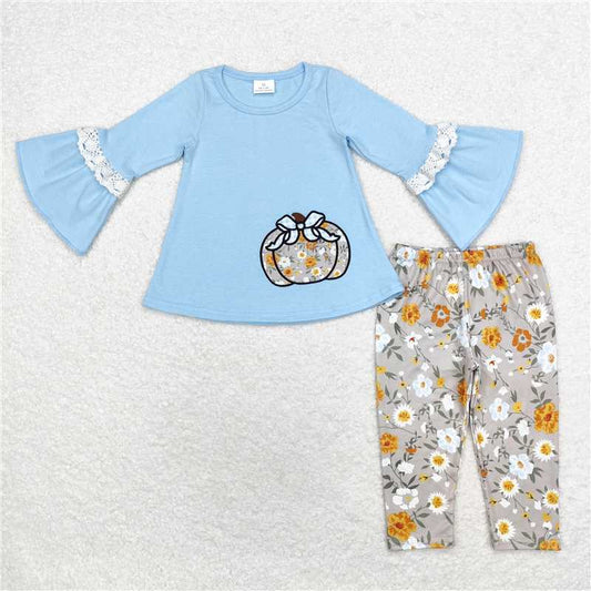 GLP1639Light blue pumpkin top floral leggings girls fall clothes