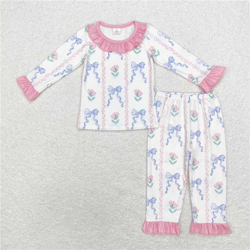 GLP1693Pink ruffle floral bow kids girls bamboo pajamas