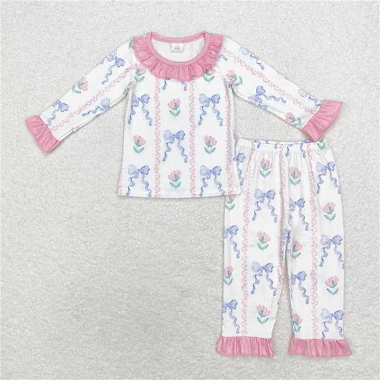 GLP1693Pink ruffle floral bow kids girls bamboo pajamas