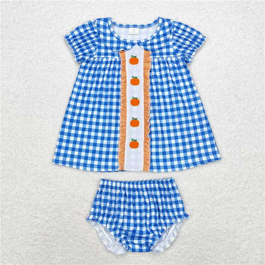GBO0431  Sibling Girls Boys Blue Pumpkins Dresses Rompers Fall Clothes Sets